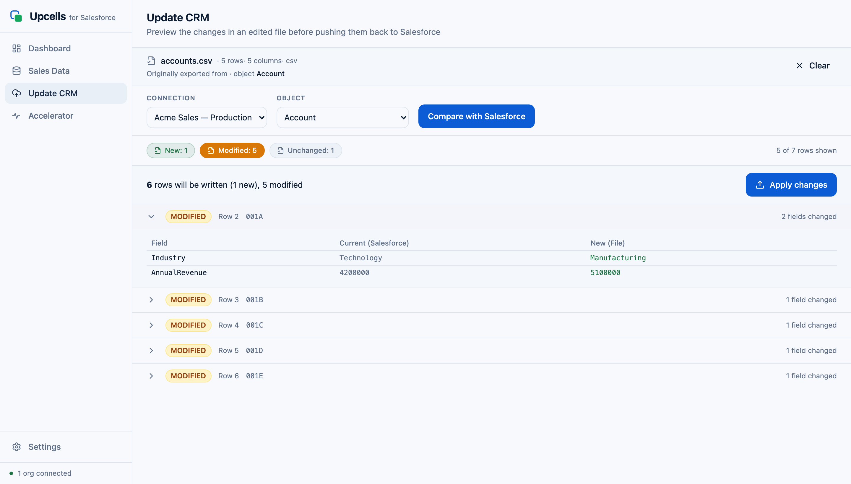 Upcells reviewing field-level changes from an edited spreadsheet before syncing them back to Salesforce