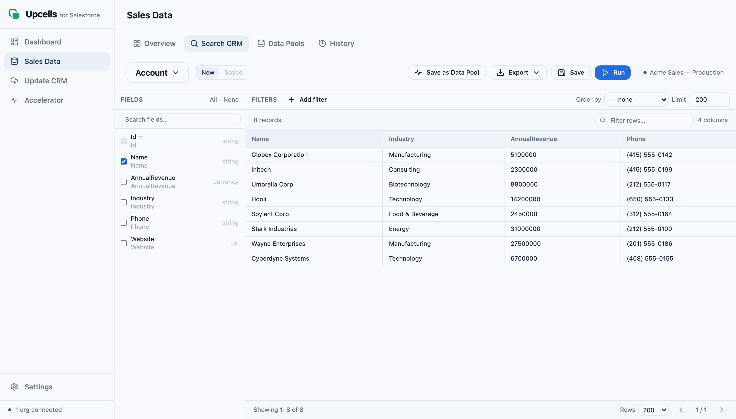 The Upcells visual query builder — an object and fields selected, with an Account results table
